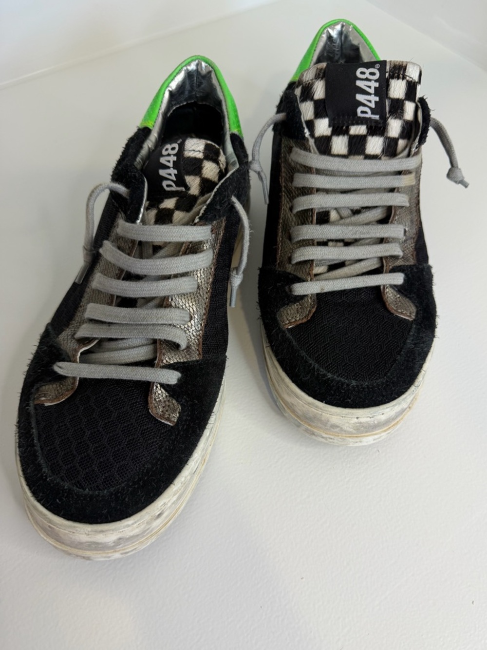 P448 John Sneakers 9.5 women / 8 men Neon Green, Checkered Tongue